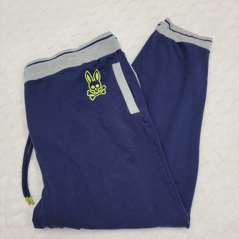 Psycho Bunny Lounge Pants Mens 3XL Navy Blue Neon Green Skull Logo Joggers Big